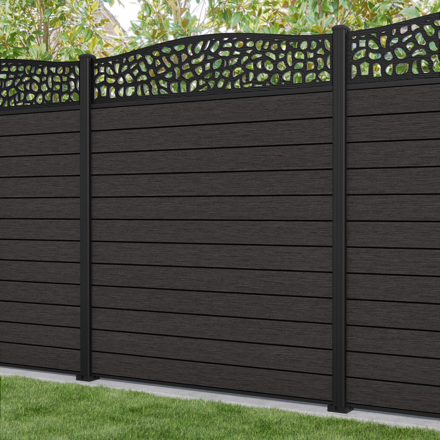 Fusion Pebble Curved Top Fence Panel - Dark Oak - with our aluminium posts