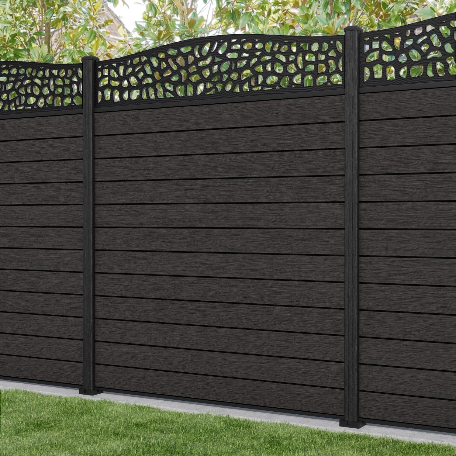 Fusion Pebble Curved Top Fence Panel - Dark Oak - with our composite posts
