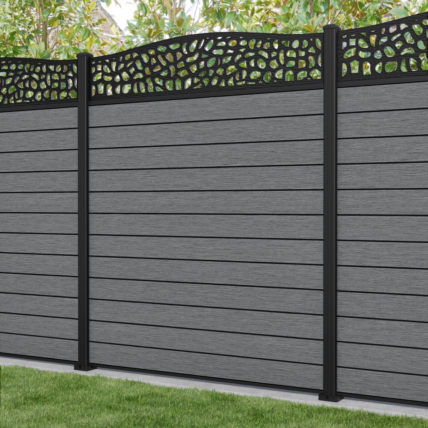 Fusion Pebble Curved Top Fence Panel - Mid Grey - with our aluminium posts