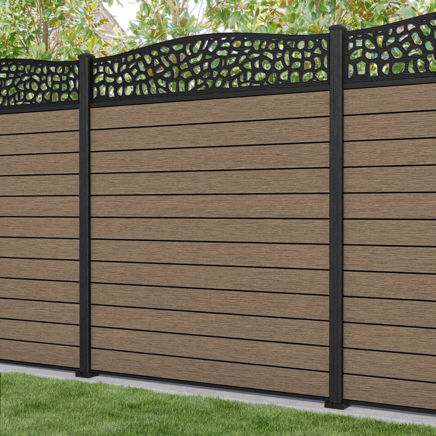Fusion Pebble Curved Top Fence Panel - Teak - with our composite posts