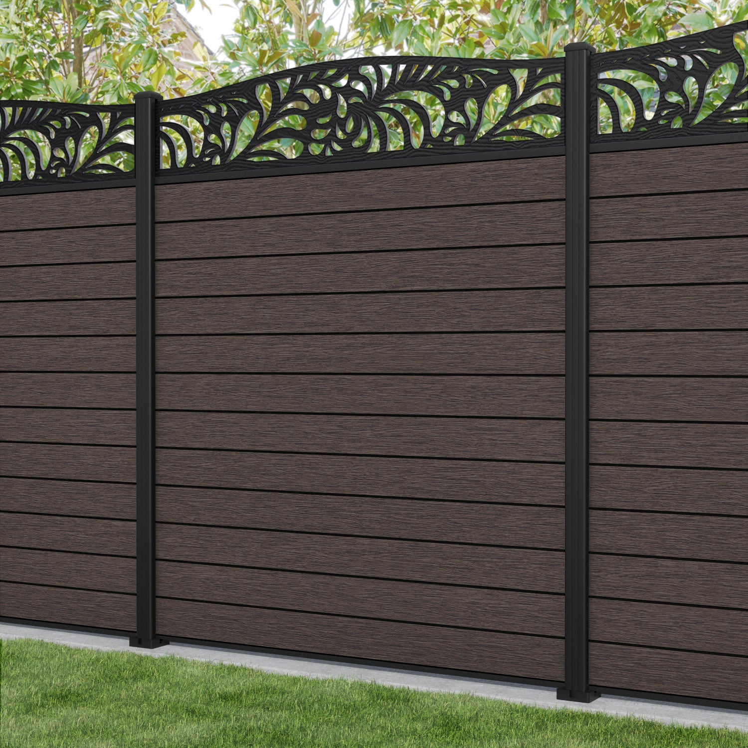 Fusion Petal Curved Top Fence Panel - Mid Brown - with our aluminium posts