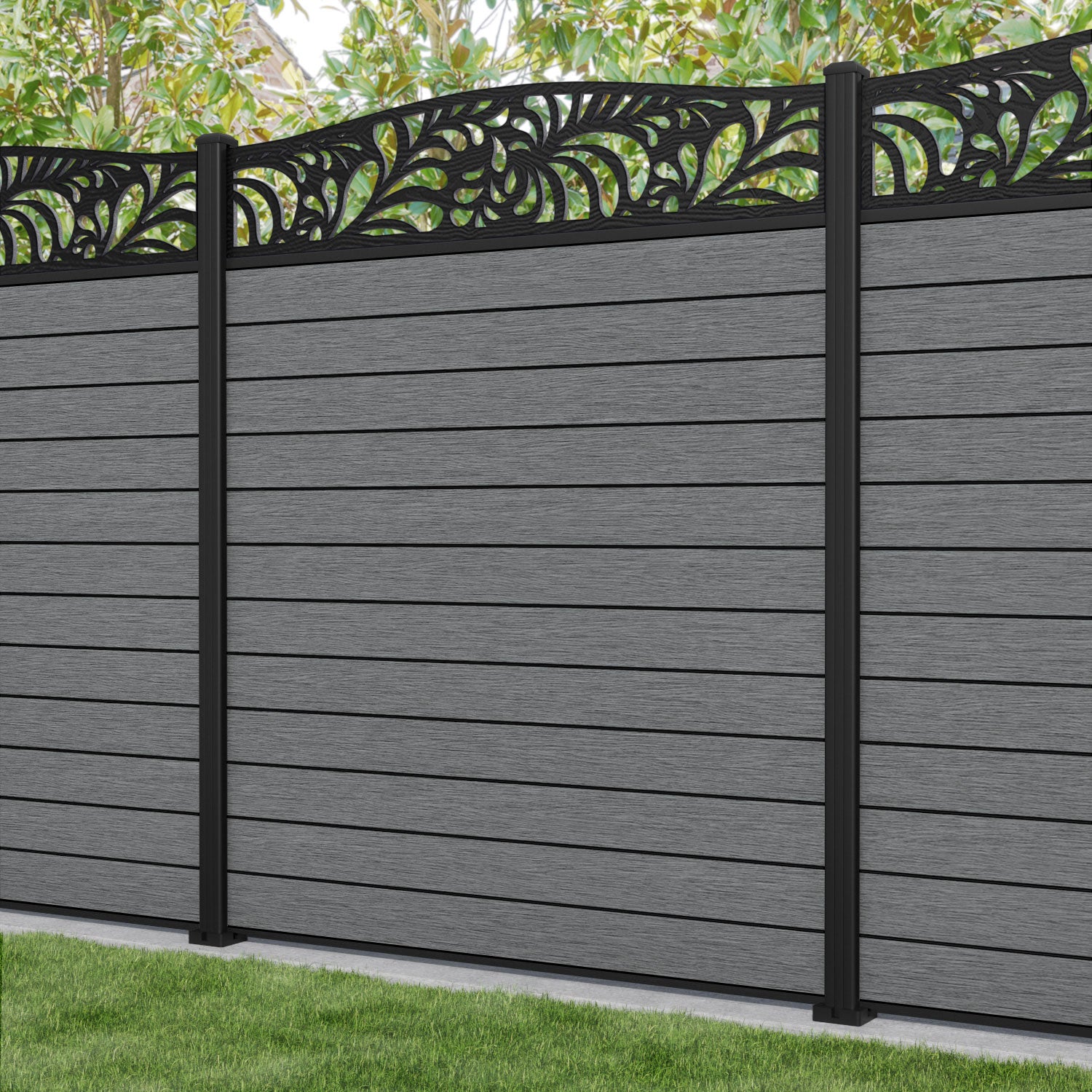 Fusion Petal Curved Top Fence Panel - Mid Grey - with our aluminium posts