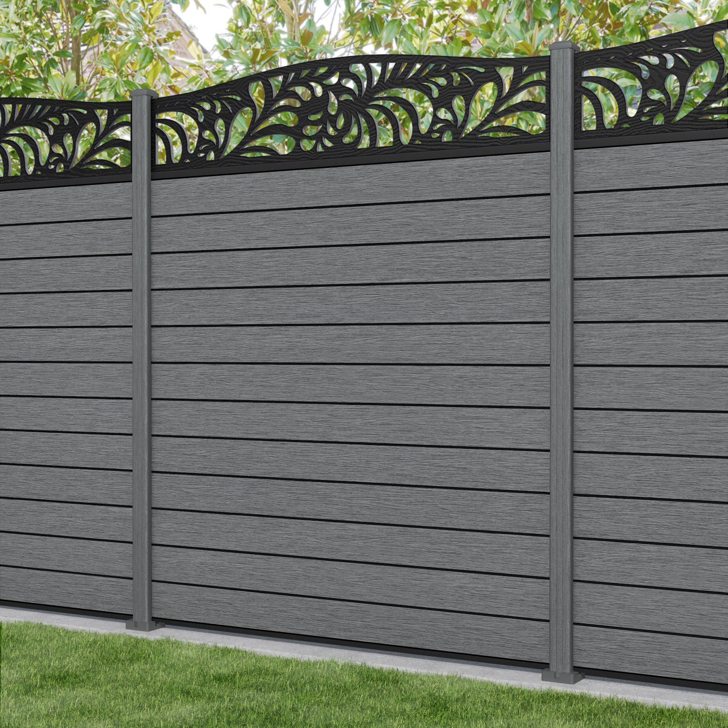 Fusion Petal Curved Top Fence Panel - Mid Grey - with our composite posts