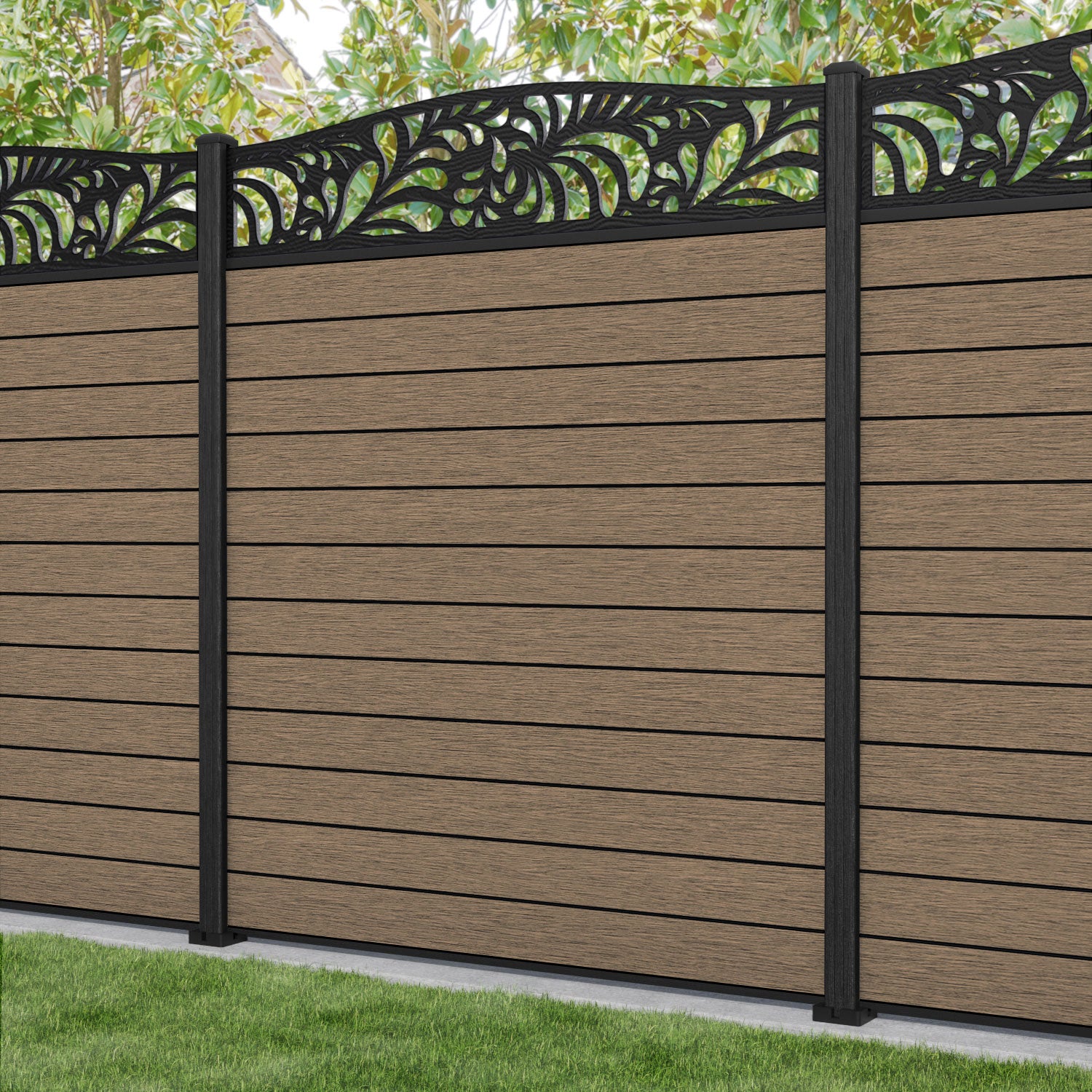Fusion Petal Curved Top Fence Panel - Teak - with our composite posts
