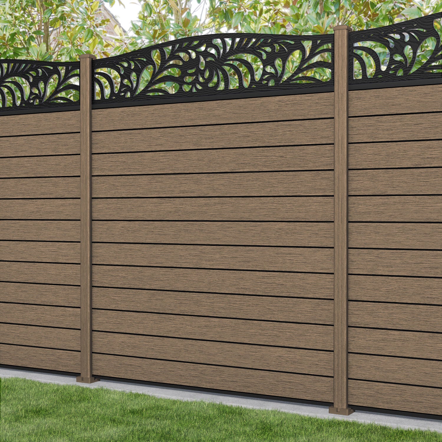 Fusion Petal Curved Top Fence Panel - Teak - with our composite posts