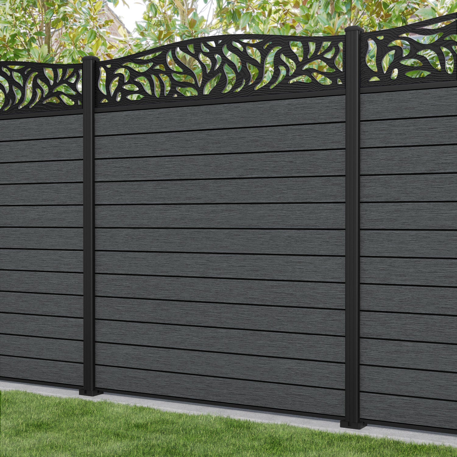 Fusion Plume Curved Top Fence Panel - Dark Grey - with our aluminium posts