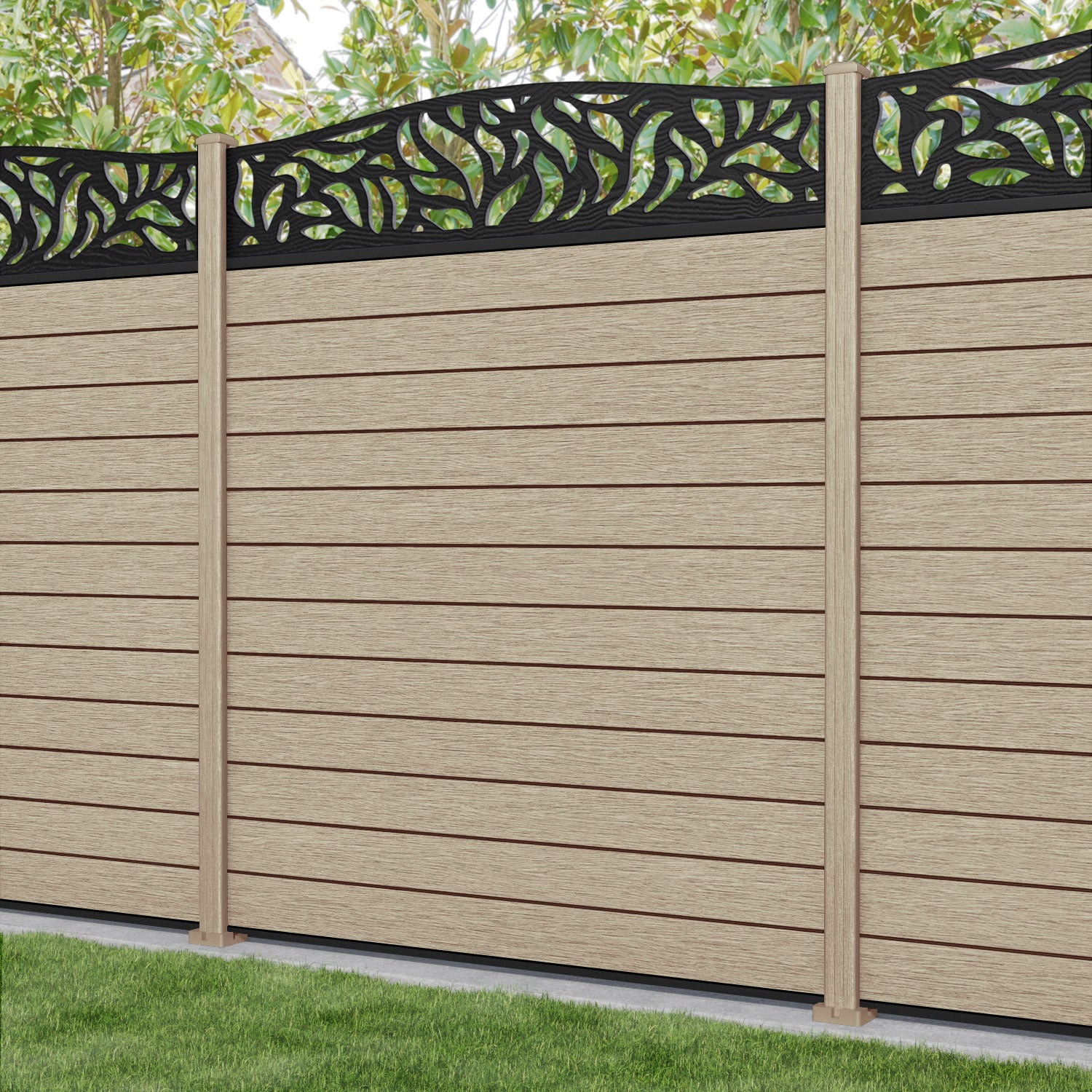 Fusion Plume Curved Top Fence Panel - Light Oak - with our composite posts