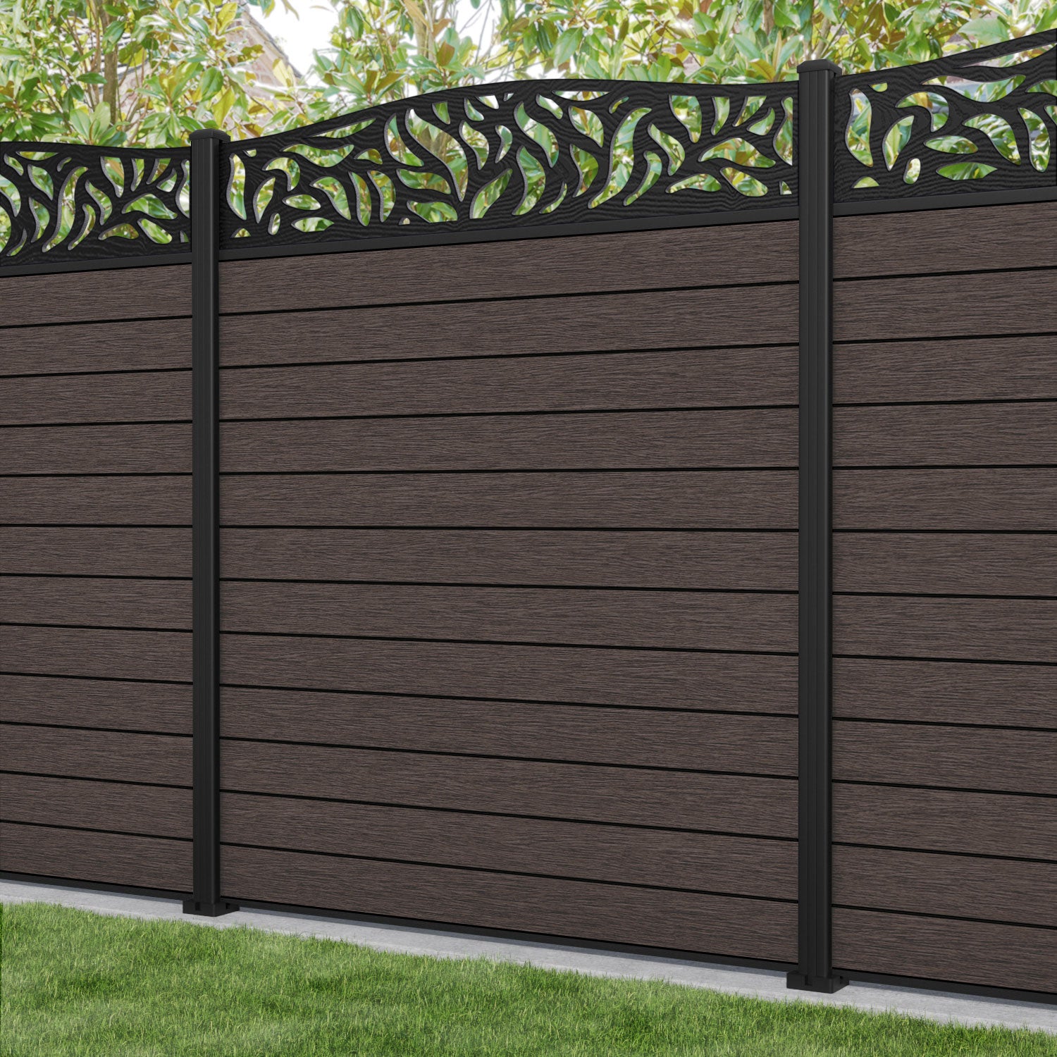 Fusion Plume Curved Top Fence Panel - Mid Brown - with our aluminium posts