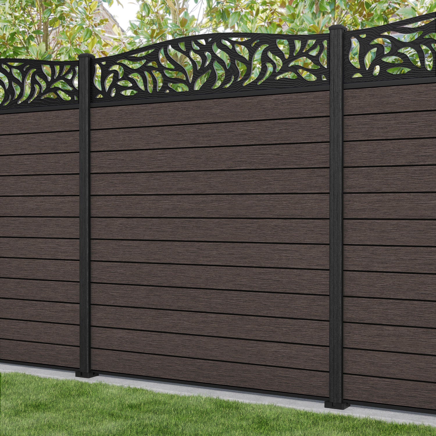 Fusion Plume Curved Top Fence Panel - Mid Brown - with our composite posts