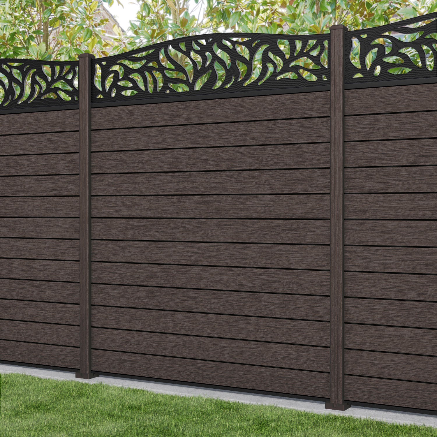Fusion Plume Curved Top Fence Panel - Mid Brown - with our composite posts
