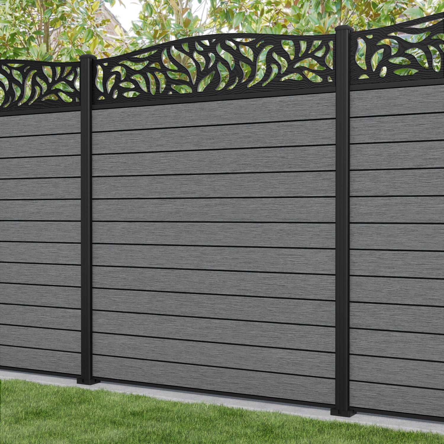 Fusion Plume Curved Top Fence Panel - Mid Grey - with our aluminium posts