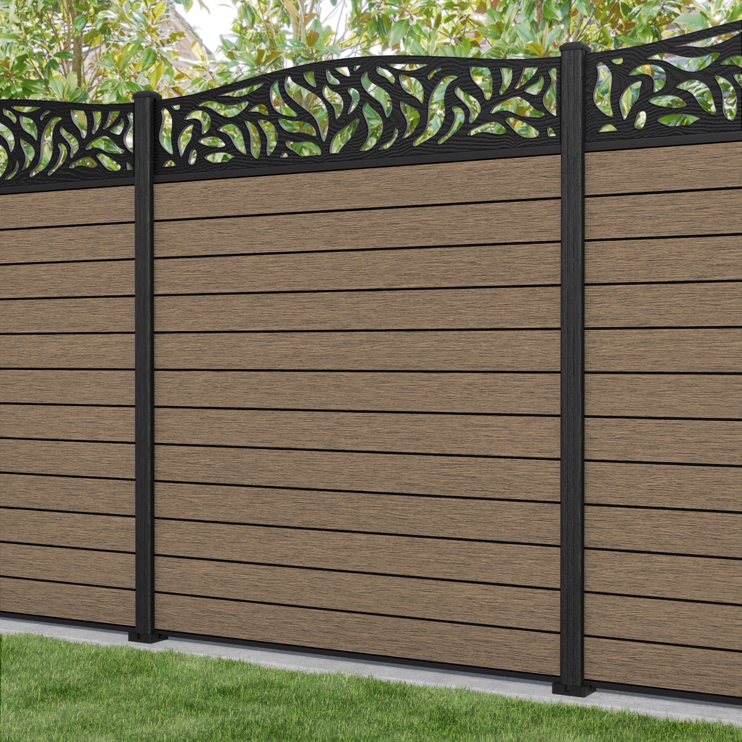 Fusion Plume Curved Top Fence Panel - Teak - with our composite posts