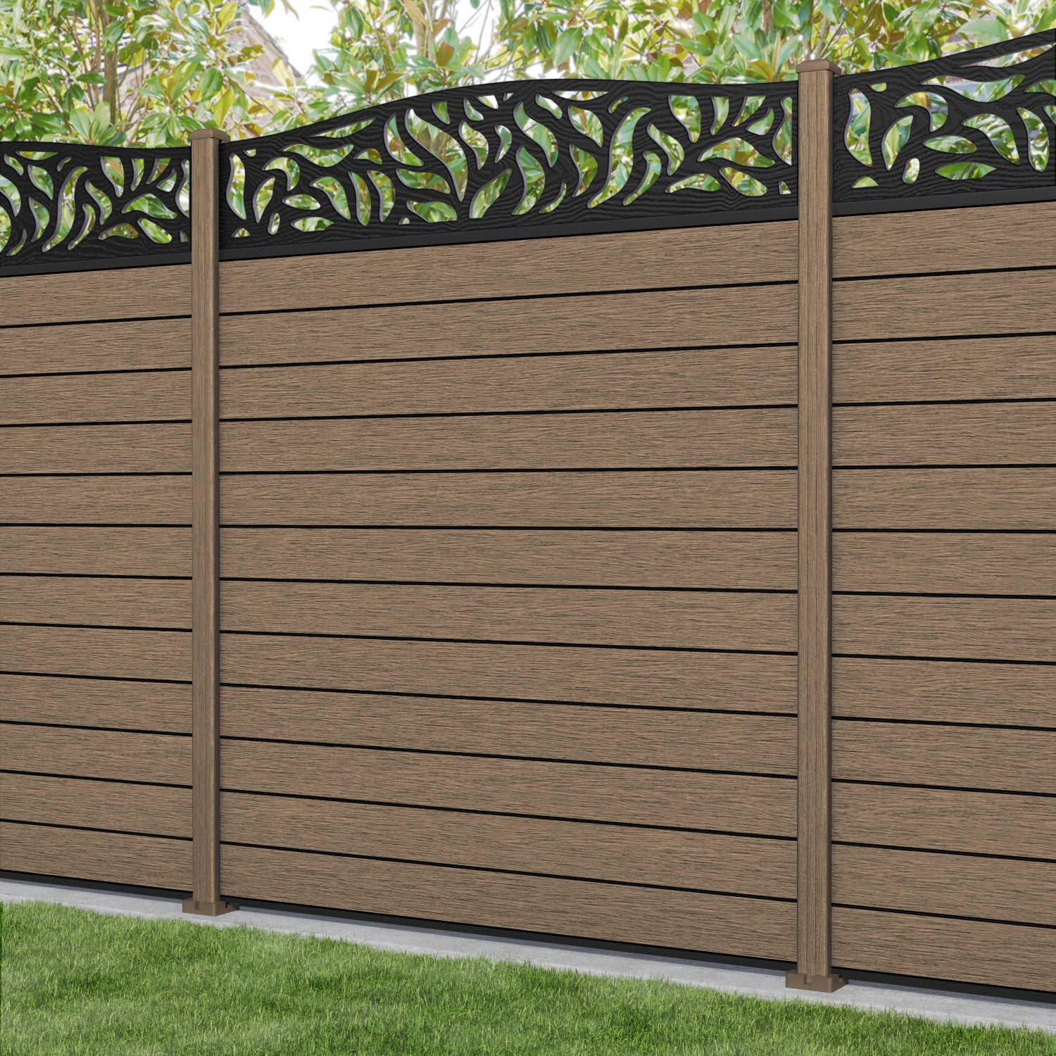 Fusion Plume Curved Top Fence Panel - Teak - with our composite posts