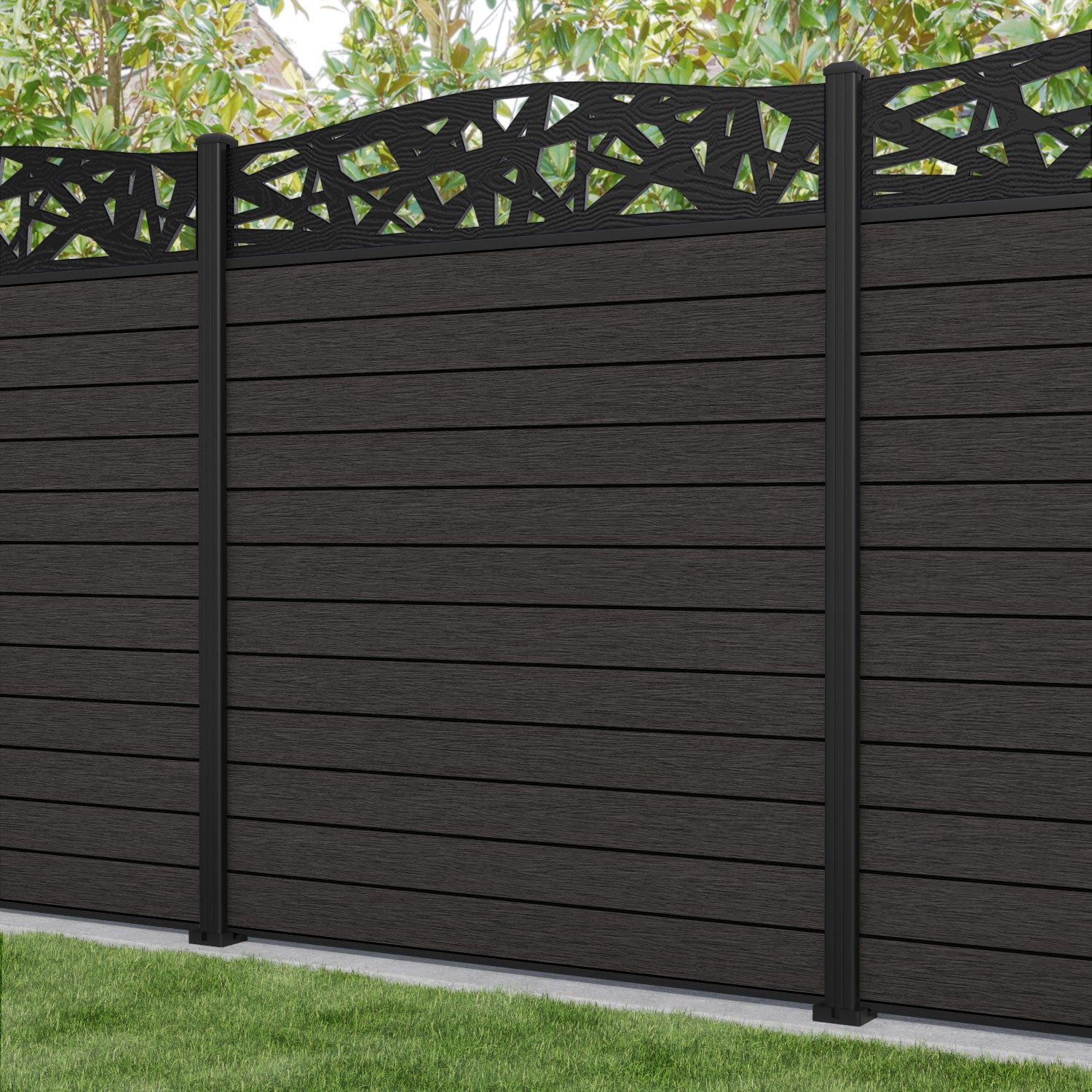 Fusion Prism Curved Top Fence Panel - Dark Oak - with our aluminium posts