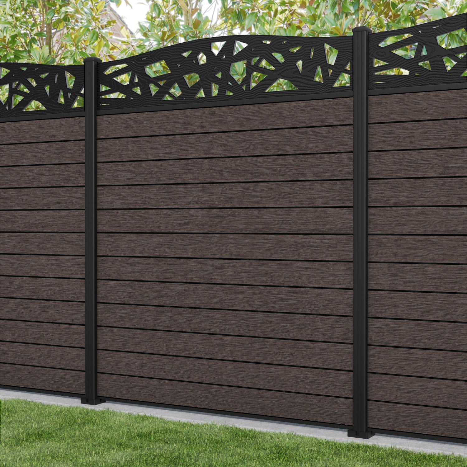 Fusion Prism Curved Top Fence Panel - Mid Brown - with our aluminium posts