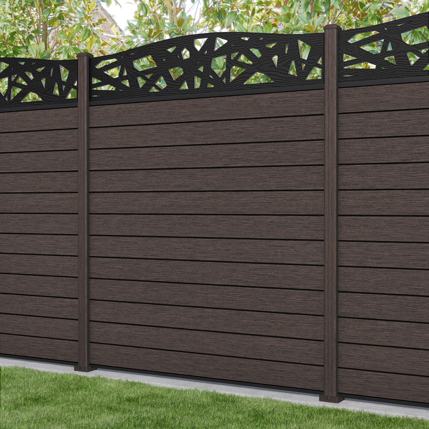 Fusion Prism Curved Top Fence Panel - Mid Brown - with our composite posts