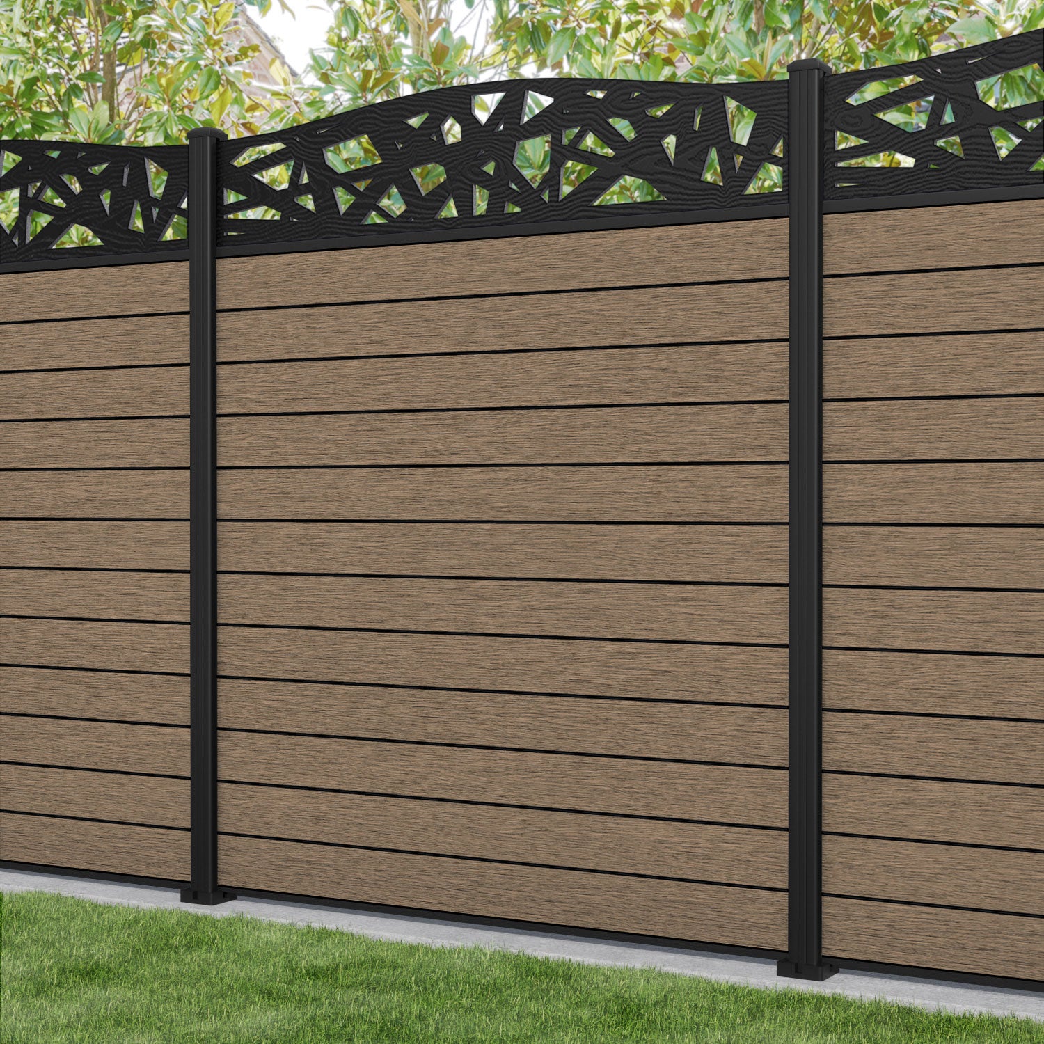 Fusion Prism Curved Top Fence Panel - Teak - with our aluminium posts