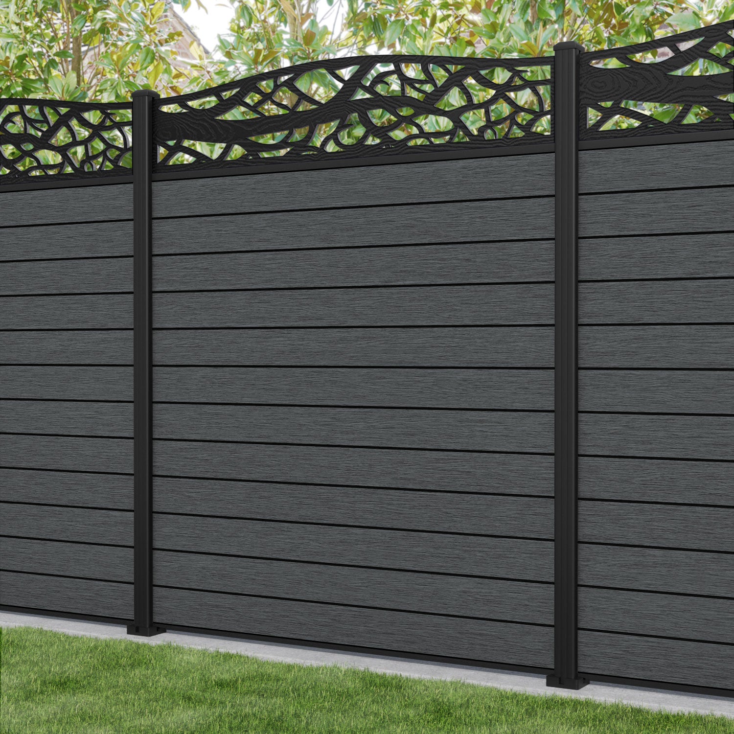 Fusion Twilight Curved Top Fence Panel - Dark Grey - with our aluminium posts