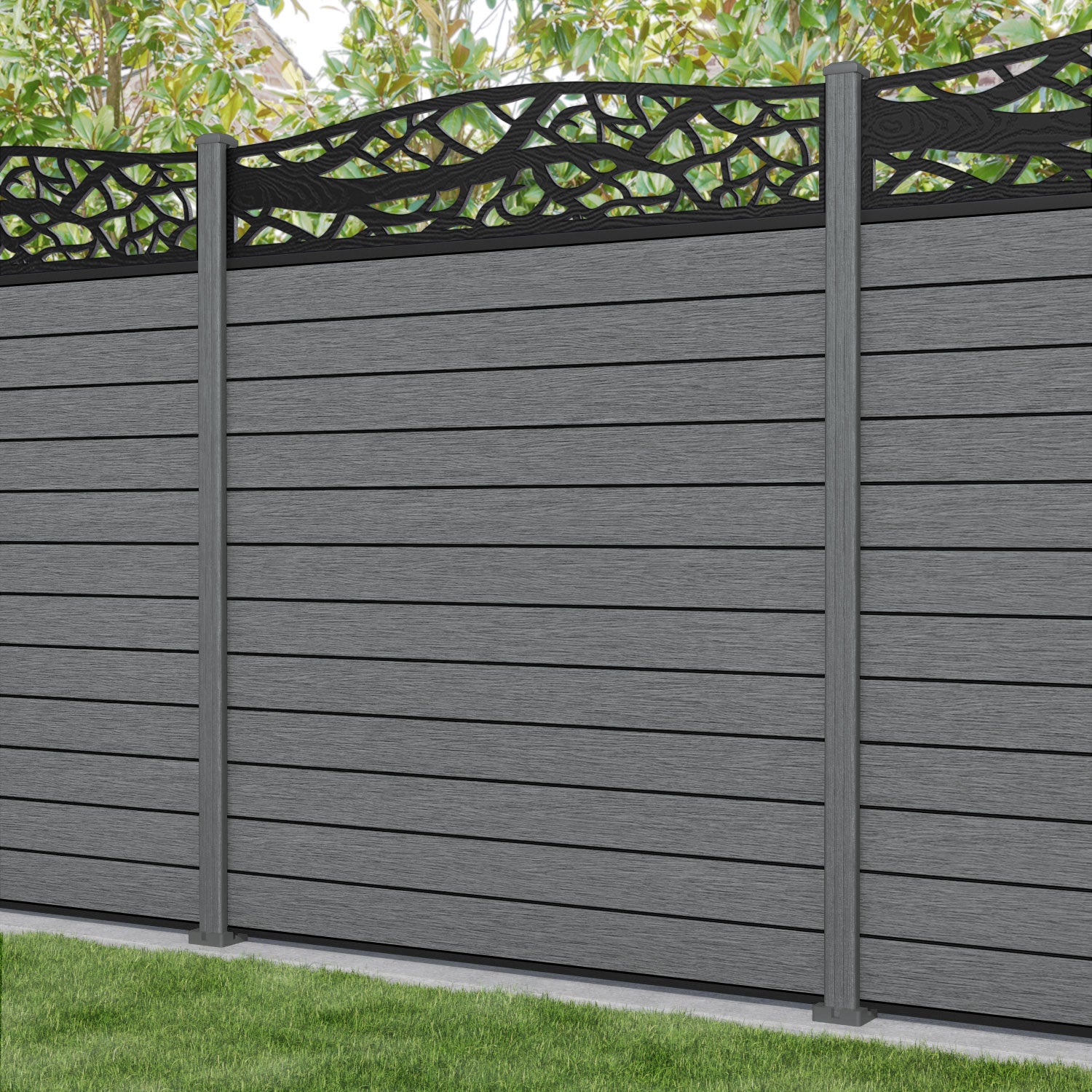 Fusion Twilight Curved Top Fence Panel - Mid Grey - with our composite posts