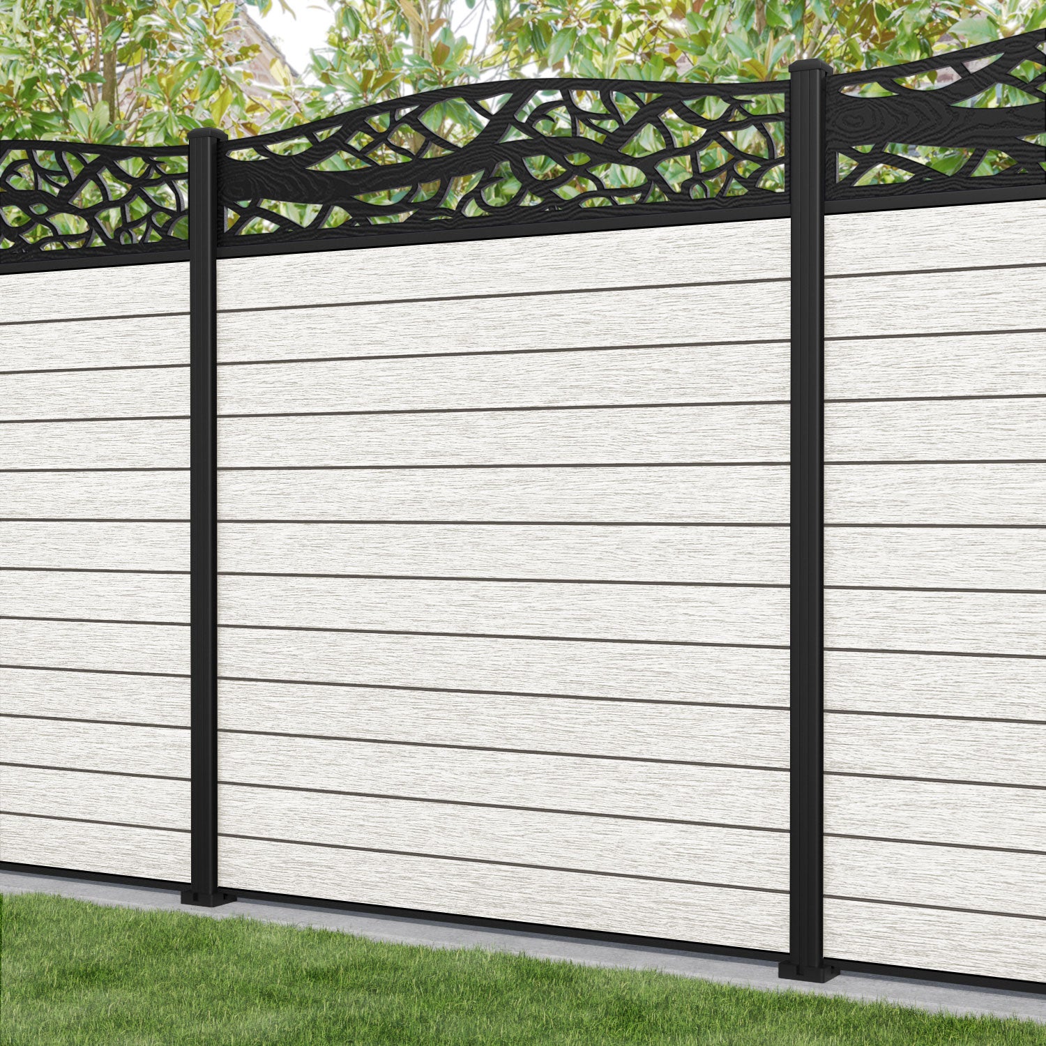 Fusion Twilight Curved Top Fence Panel - Light Stone - with our aluminium posts