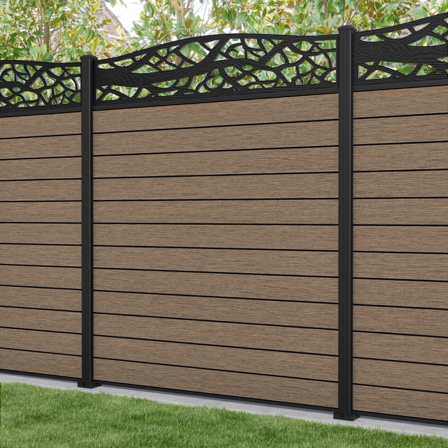 Fusion Twilight Curved Top Fence Panel - Teak - with our aluminium posts