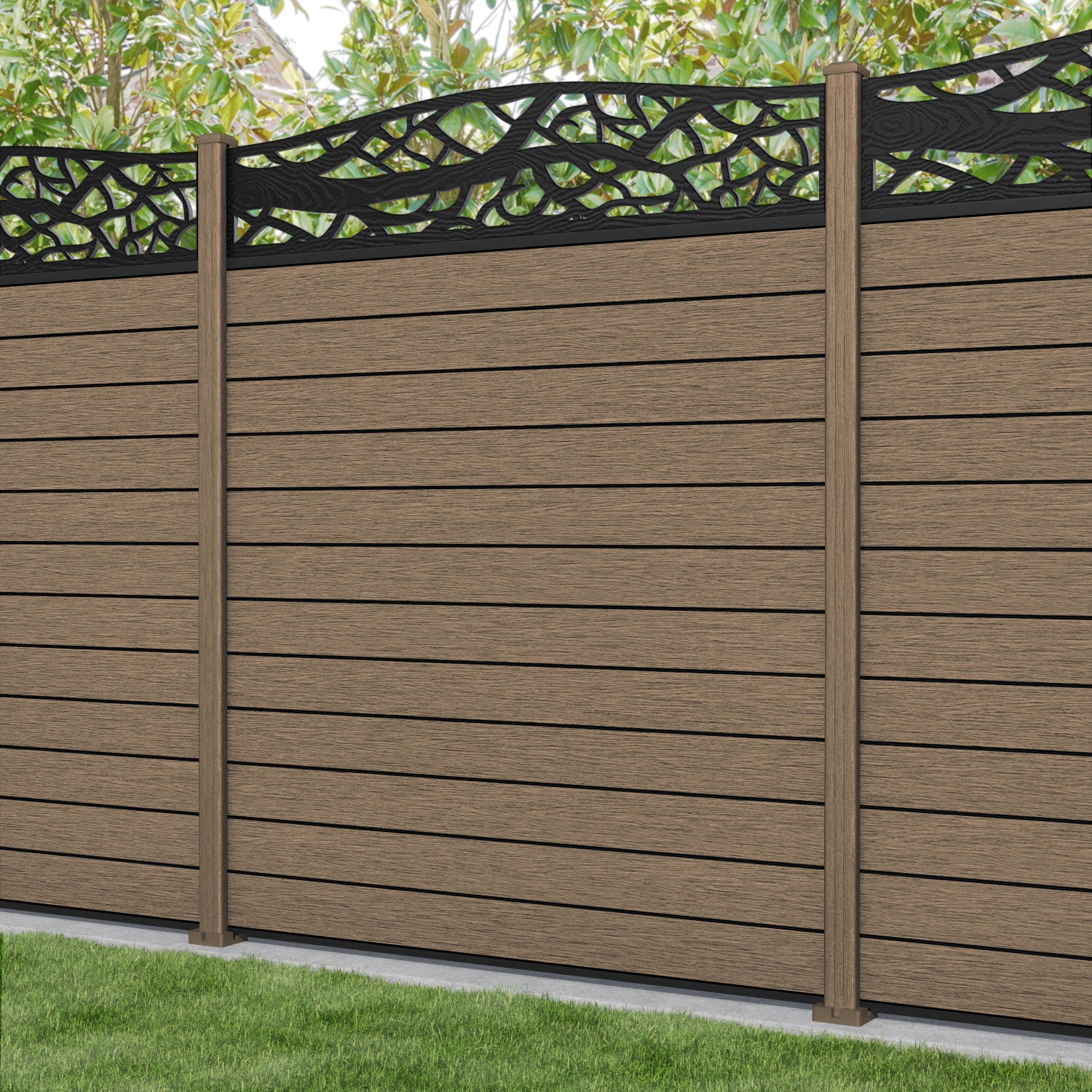 Fusion Twilight Curved Top Fence Panel - Teak - with our composite posts