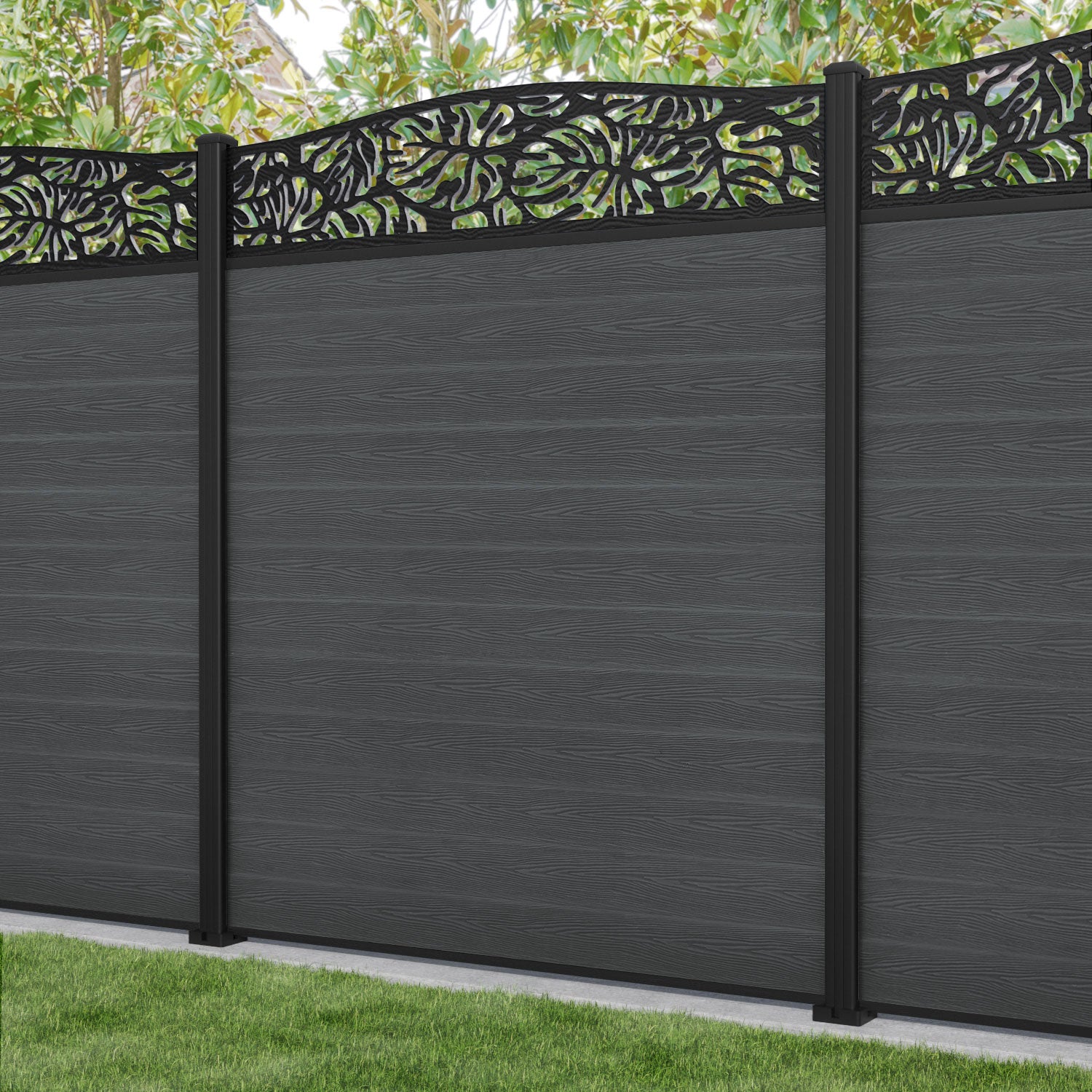 Classic Botanic Curved Top Fence Panel - Dark Grey - with our aluminium posts
