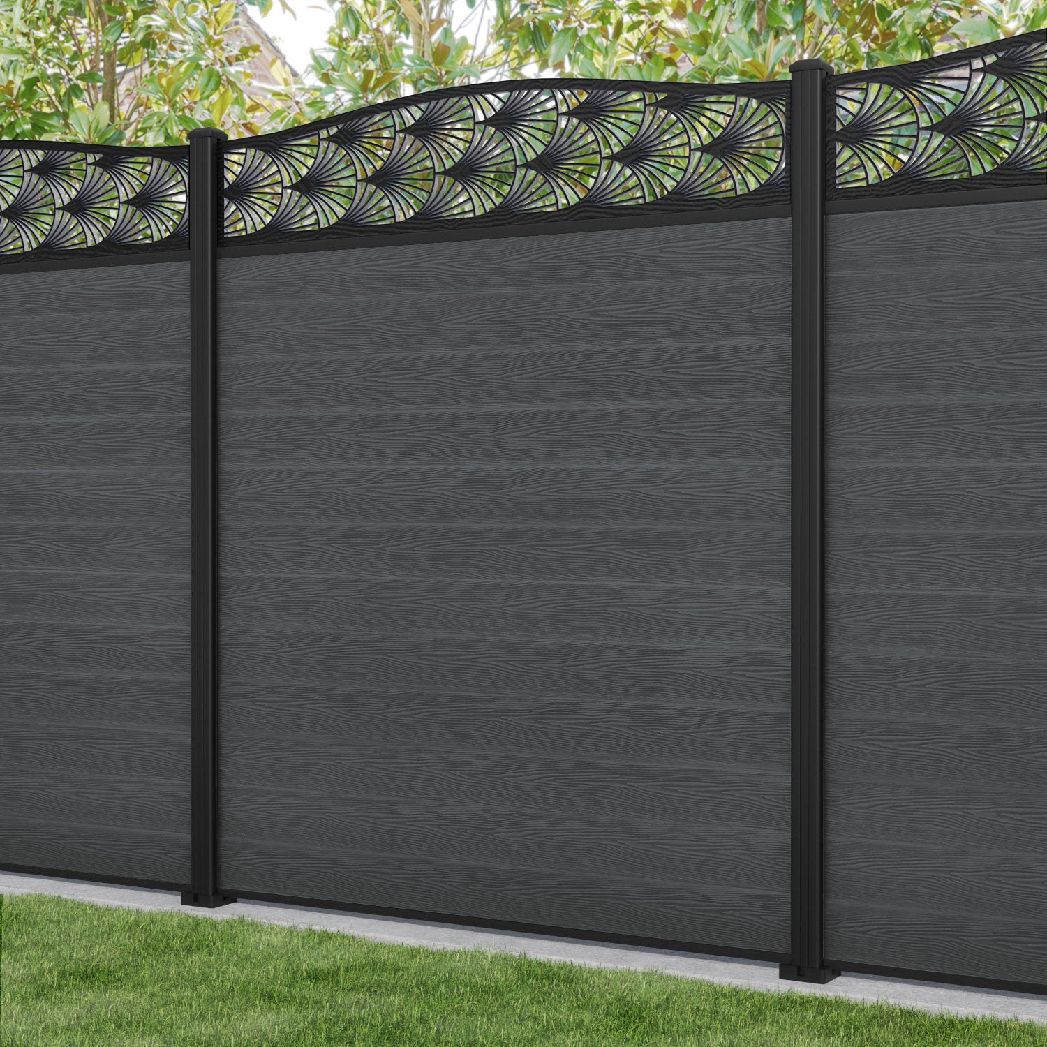 Classic Laurel Curved Top Fence Panel - Dark Grey - with our aluminium posts