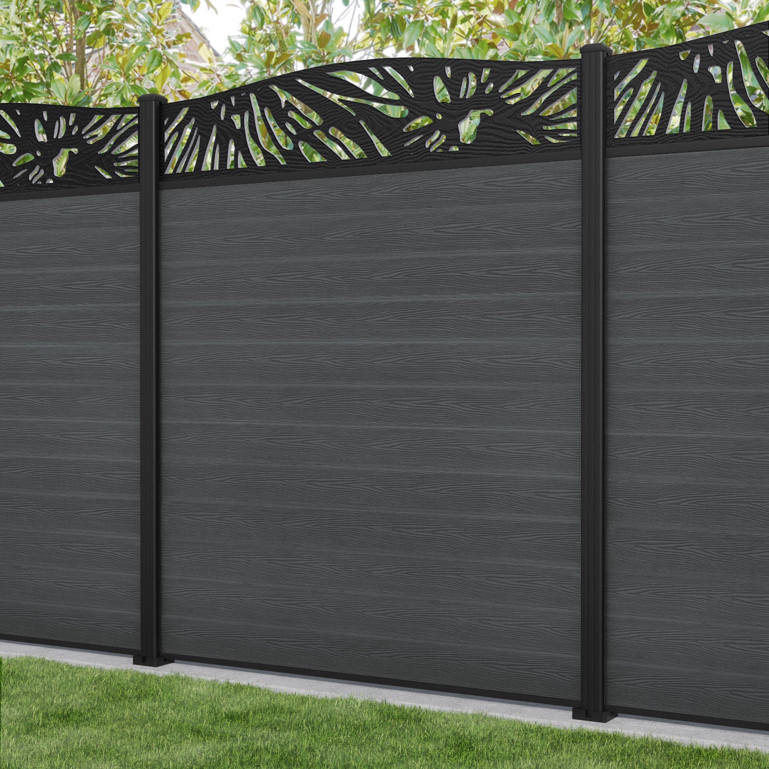 Classic Poppy Curved Top Fence Panel - Dark Grey - with our aluminium posts