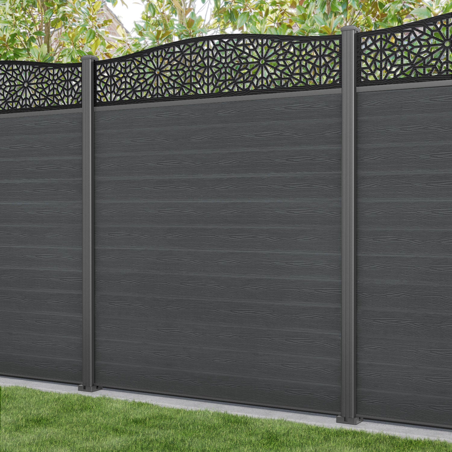 Classic Alnara Curved Top Fence Panel - Dark Grey - with our aluminium posts