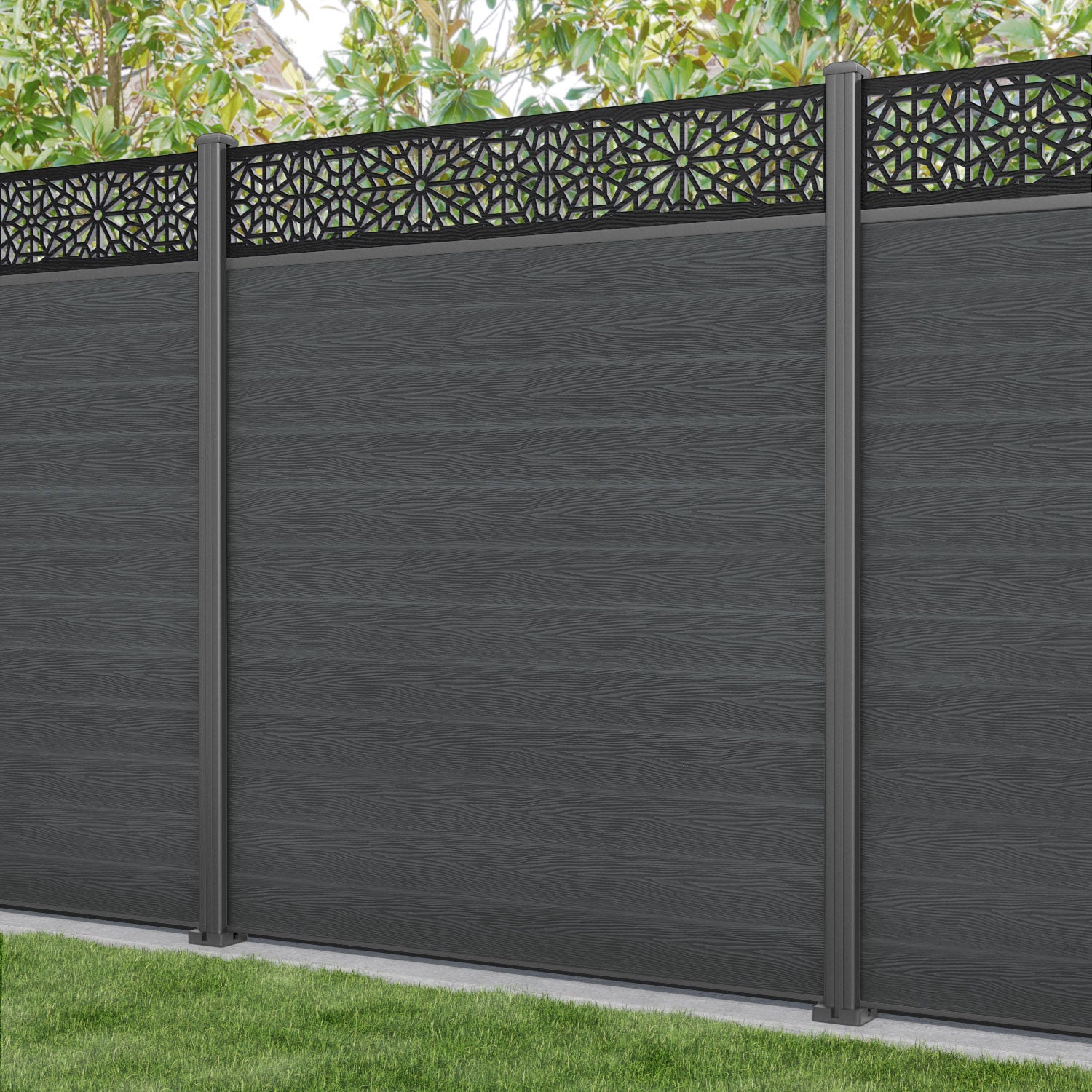 Classic Alnara Fence Panel - Dark Grey - with our aluminium posts