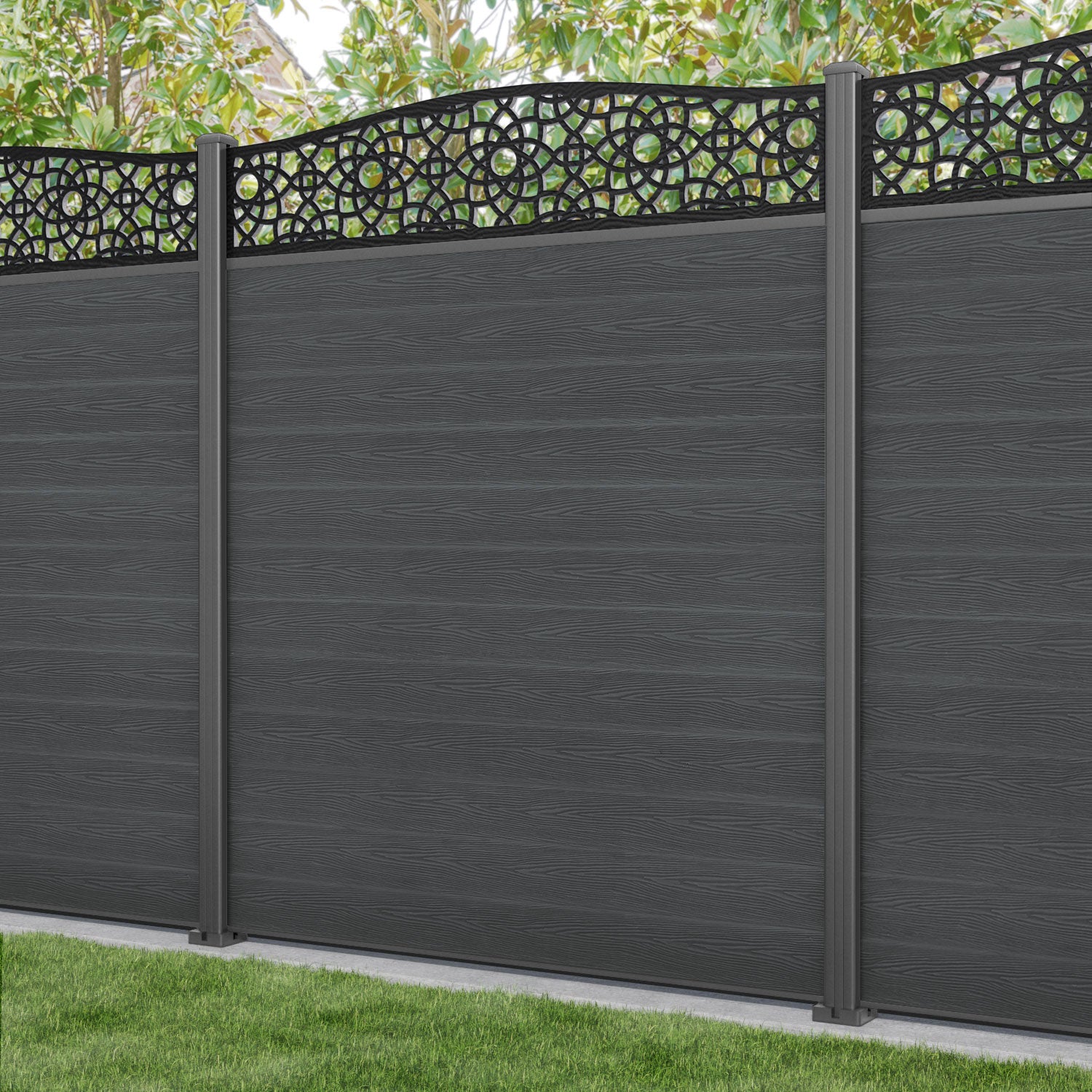 Classic Ambar Curved Top Fence Panel - Dark Grey - with our aluminium posts