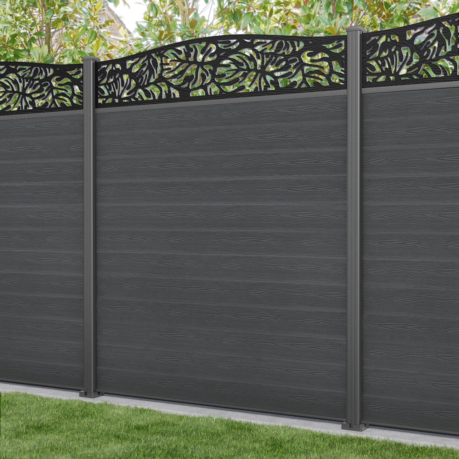 Classic Botanic Curved Top Fence Panel - Dark Grey - with our aluminium posts