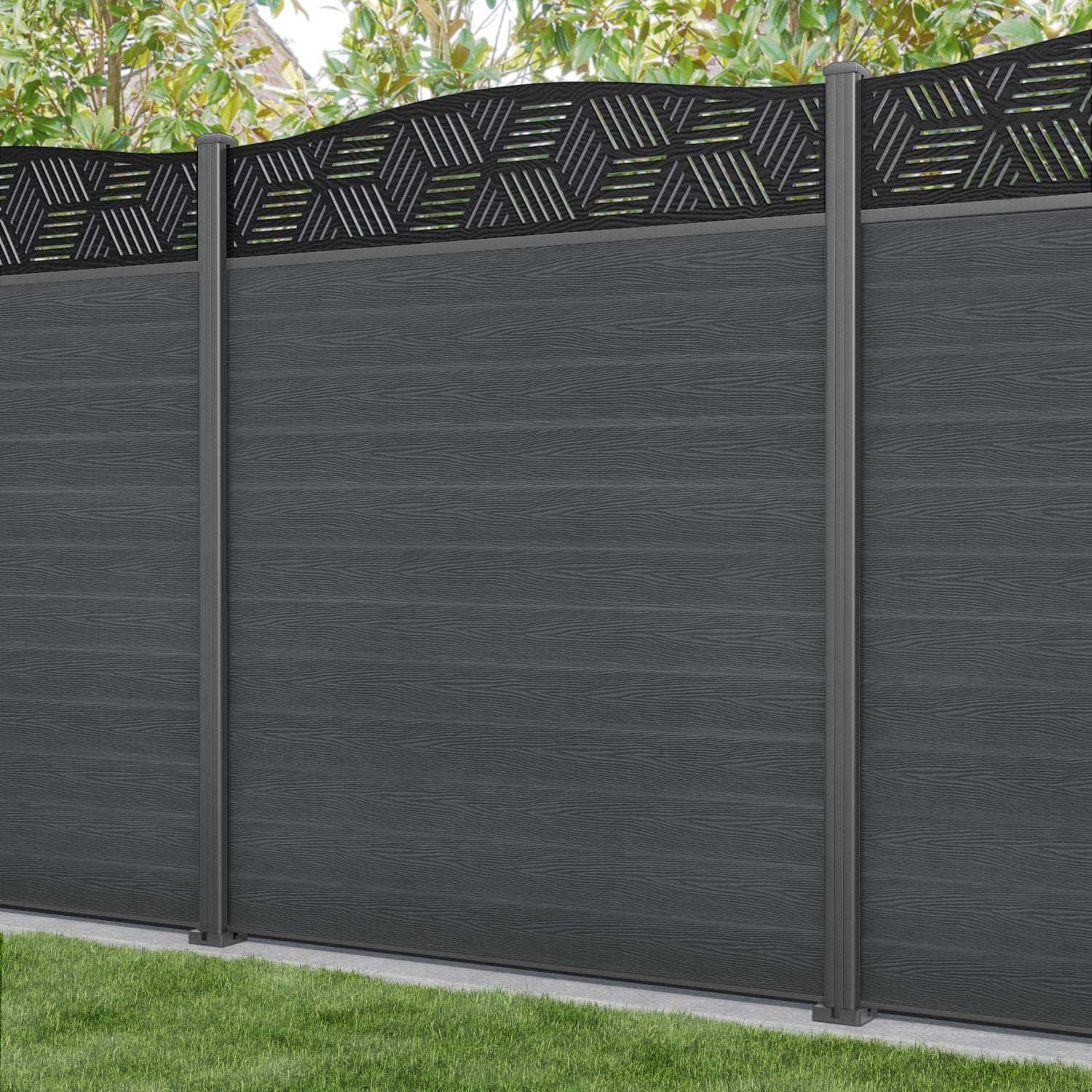 Classic Cubed Curved Top Fence Panel - Dark Grey - with our aluminium posts