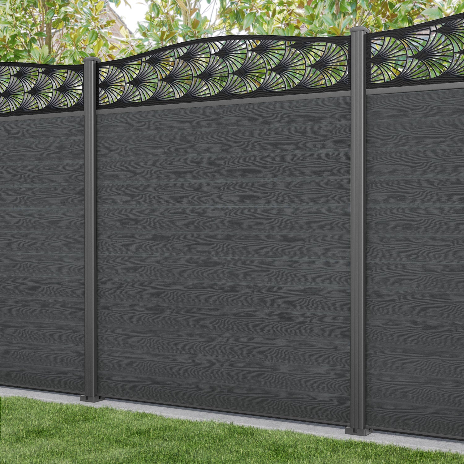 Classic Laurel Curved Top Fence Panel - Dark Grey - with our aluminium posts