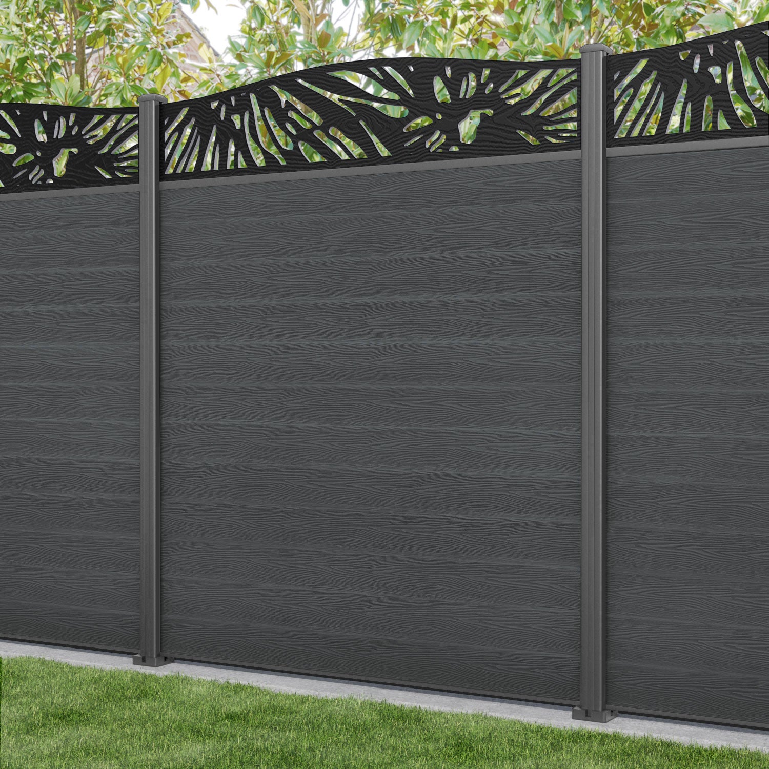 Classic Poppy Curved Top Fence Panel - Dark Grey - with our aluminium posts