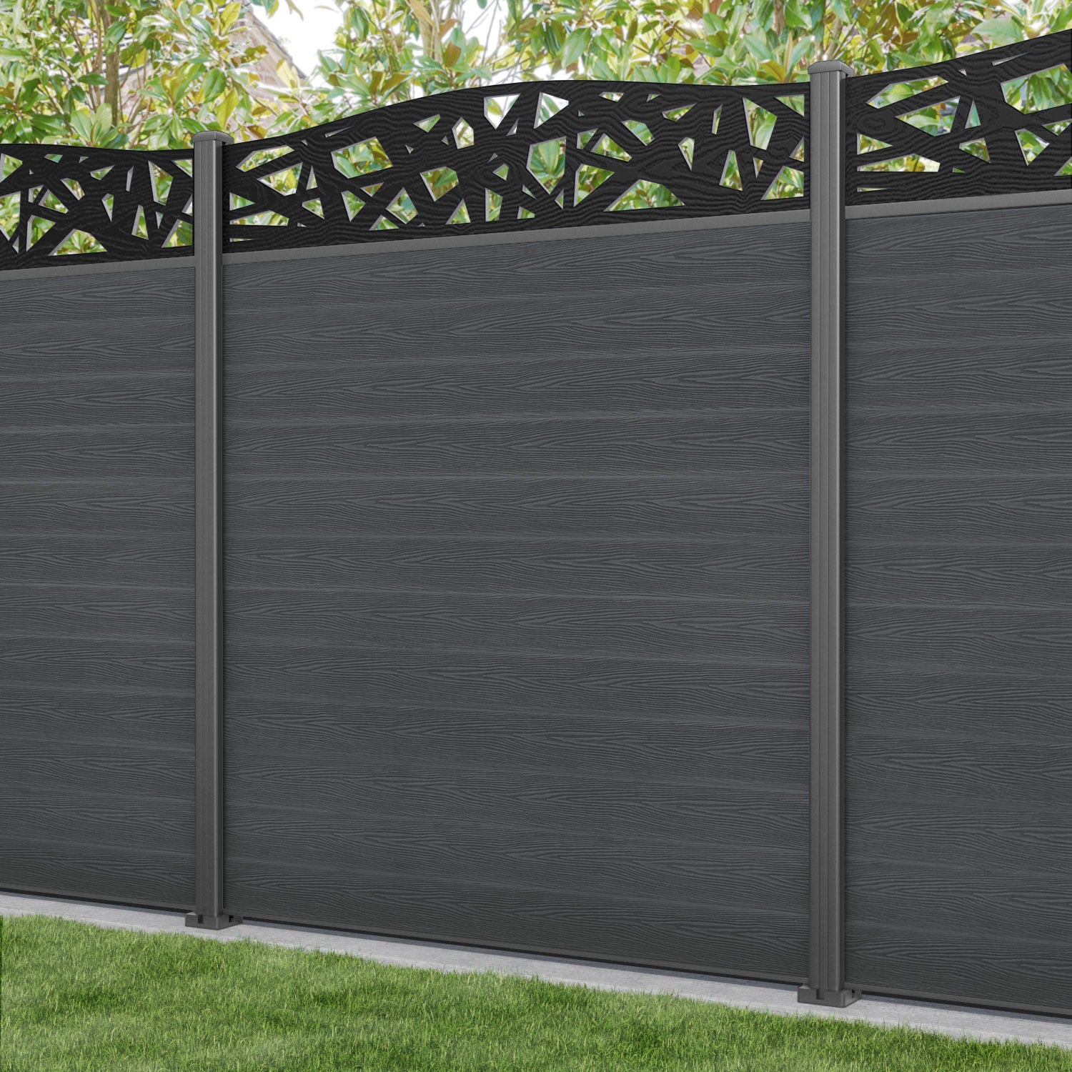 Classic Prism Curved Top Fence Panel - Dark Grey - with our aluminium posts