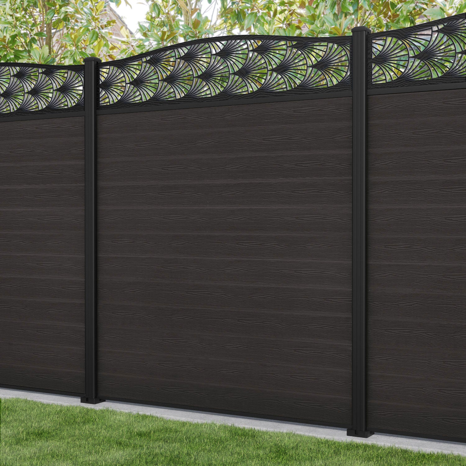 Classic Laurel Curved Top Fence Panel - Dark Oak - with our aluminium posts
