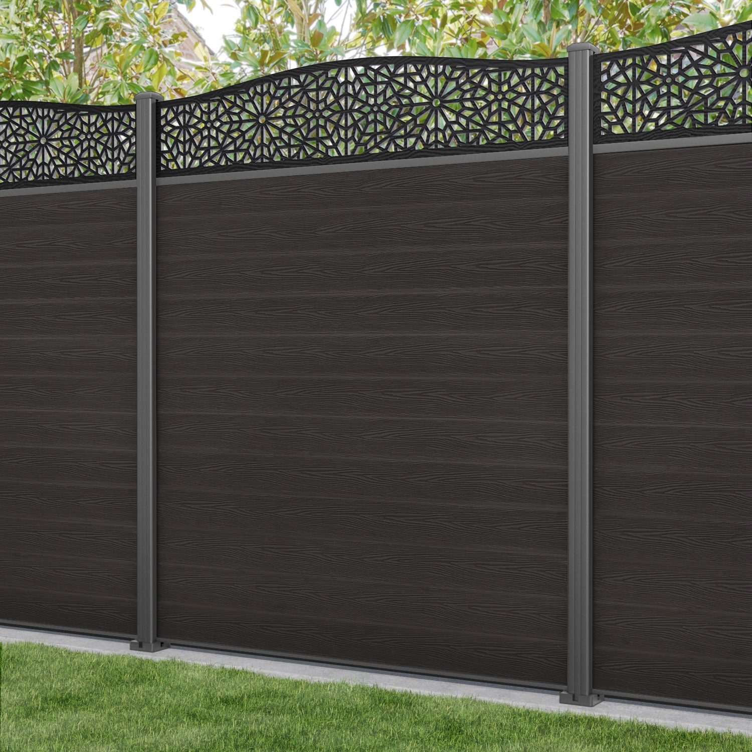 Classic Alnara Curved Top Fence Panel - Dark Oak - with our aluminium posts