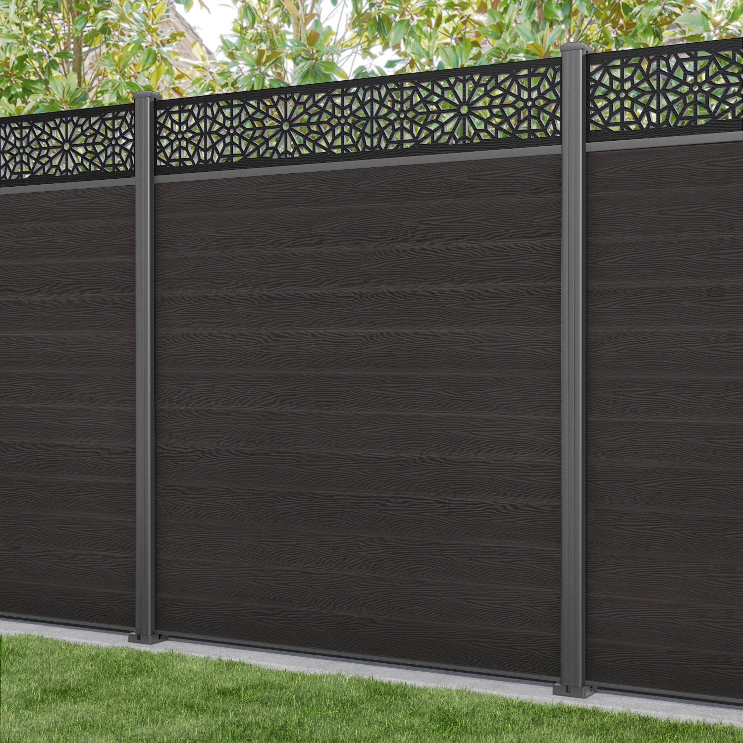 Classic Alnara Fence Panel - Dark Oak - with our aluminium posts