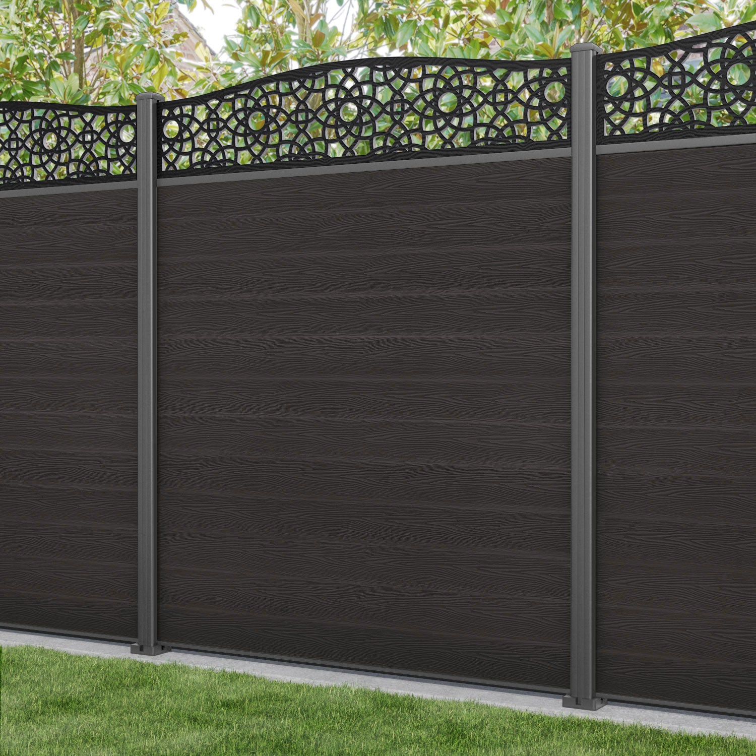 Classic Ambar Curved Top Fence Panel - Dark Oak - with our aluminium posts