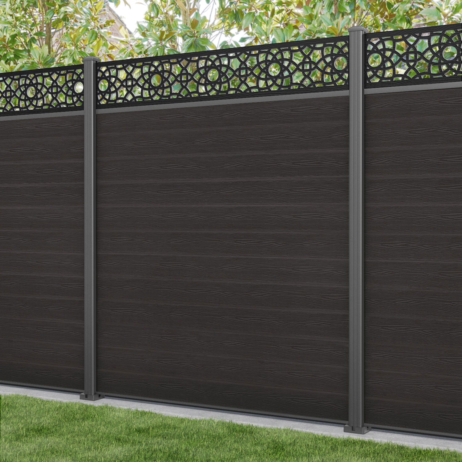 Classic Ambar Fence Panel - Dark Oak - with our aluminium posts
