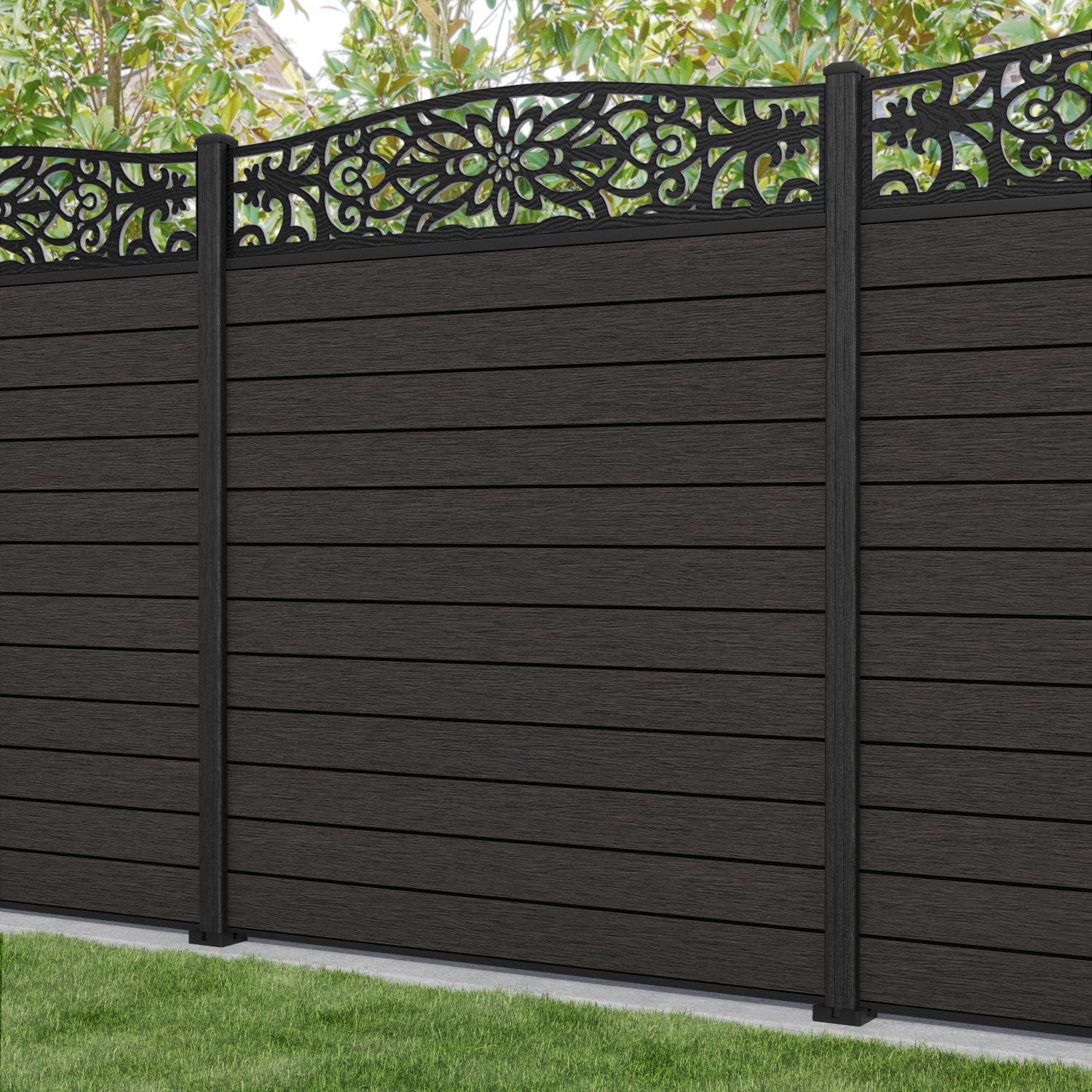 Fusion Windsor Curved Top Fence Panel - Dark Oak - with our composite posts