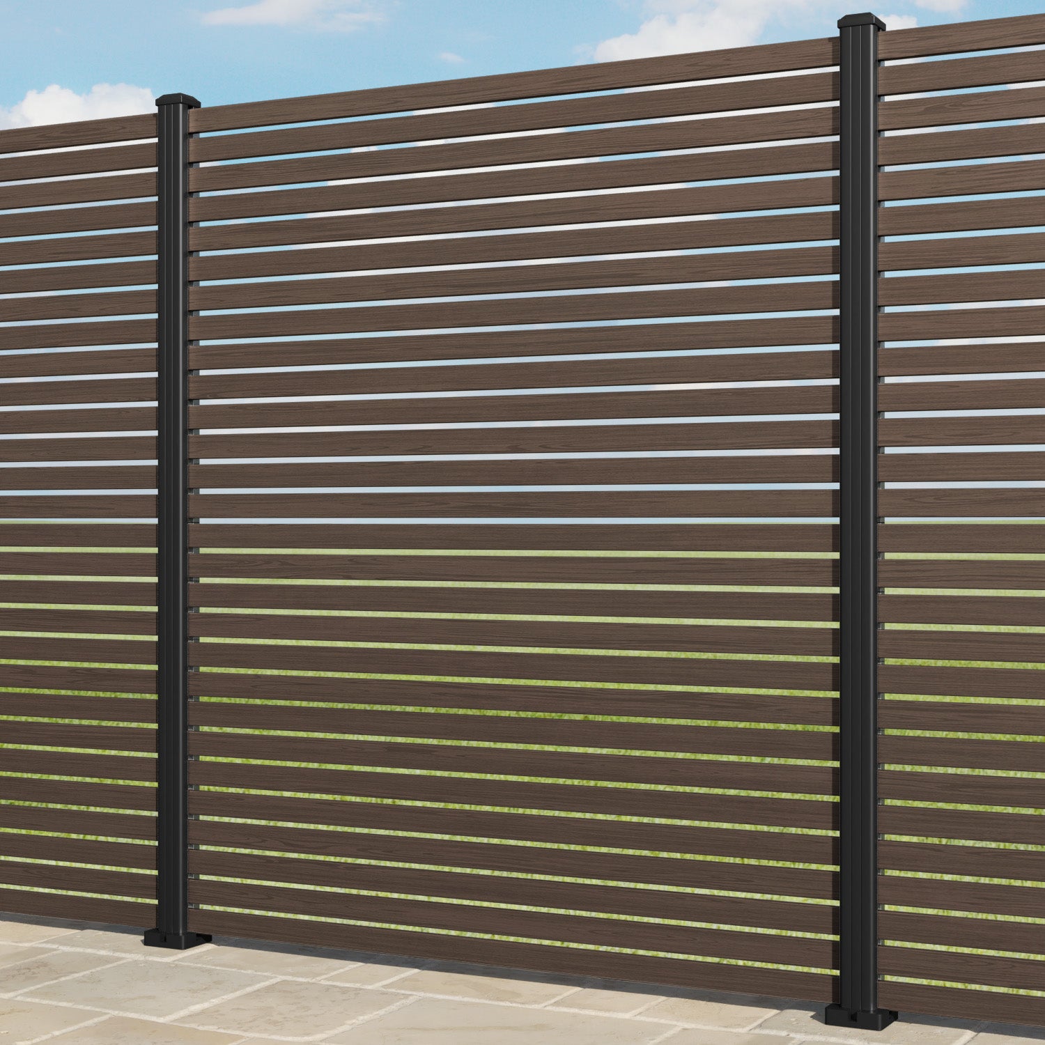 Aria Aluminium Fence Panel - Dark Oak - with our aluminium posts
