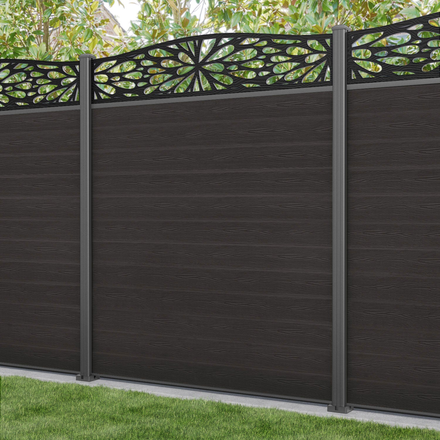 Classic Blossom Curved Top Fence Panel - Dark Oak - with our aluminium posts