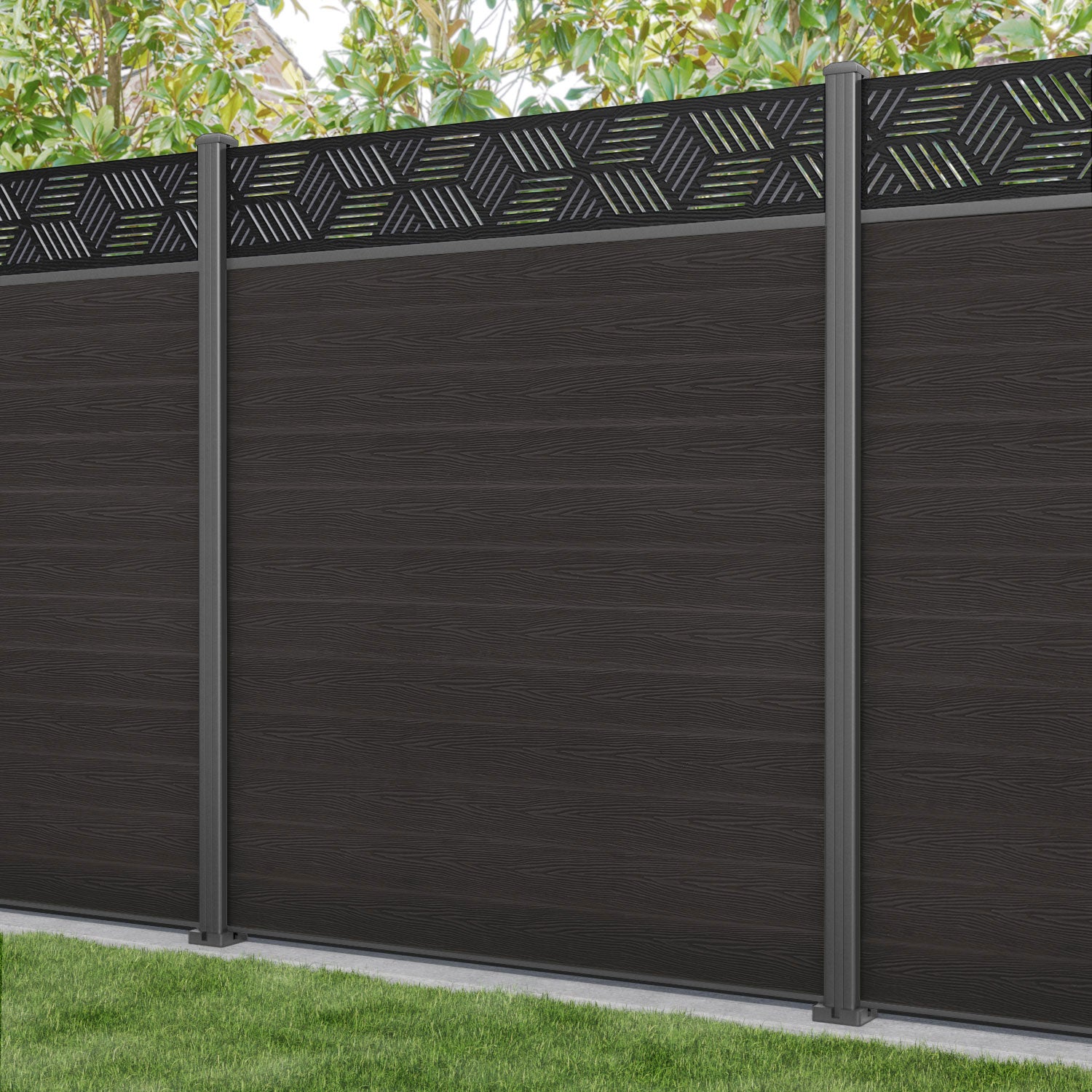 Classic Cubed Fence Panel - Dark Oak - with our aluminium posts