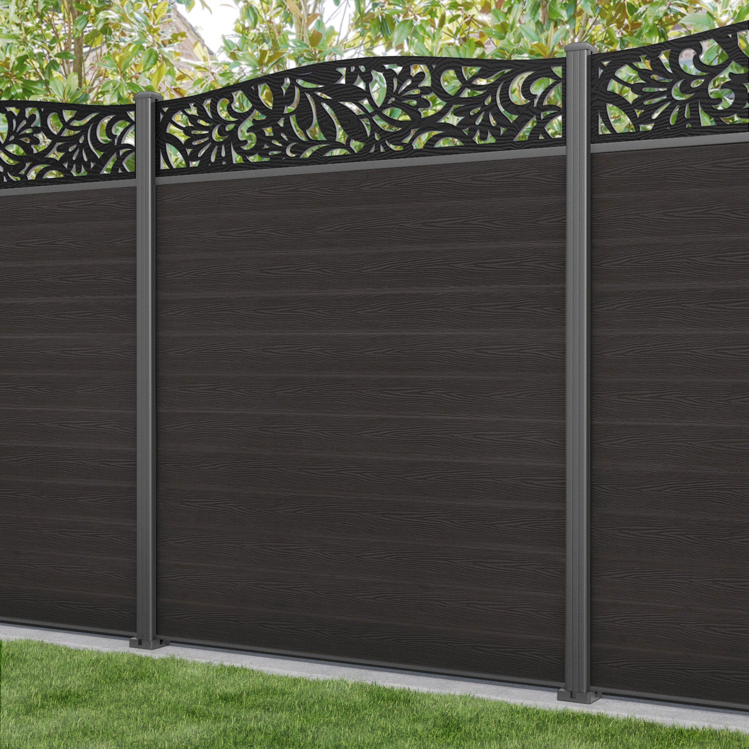 Classic Heritage Curved Top Fence Panel - Dark Oak - with our aluminium posts