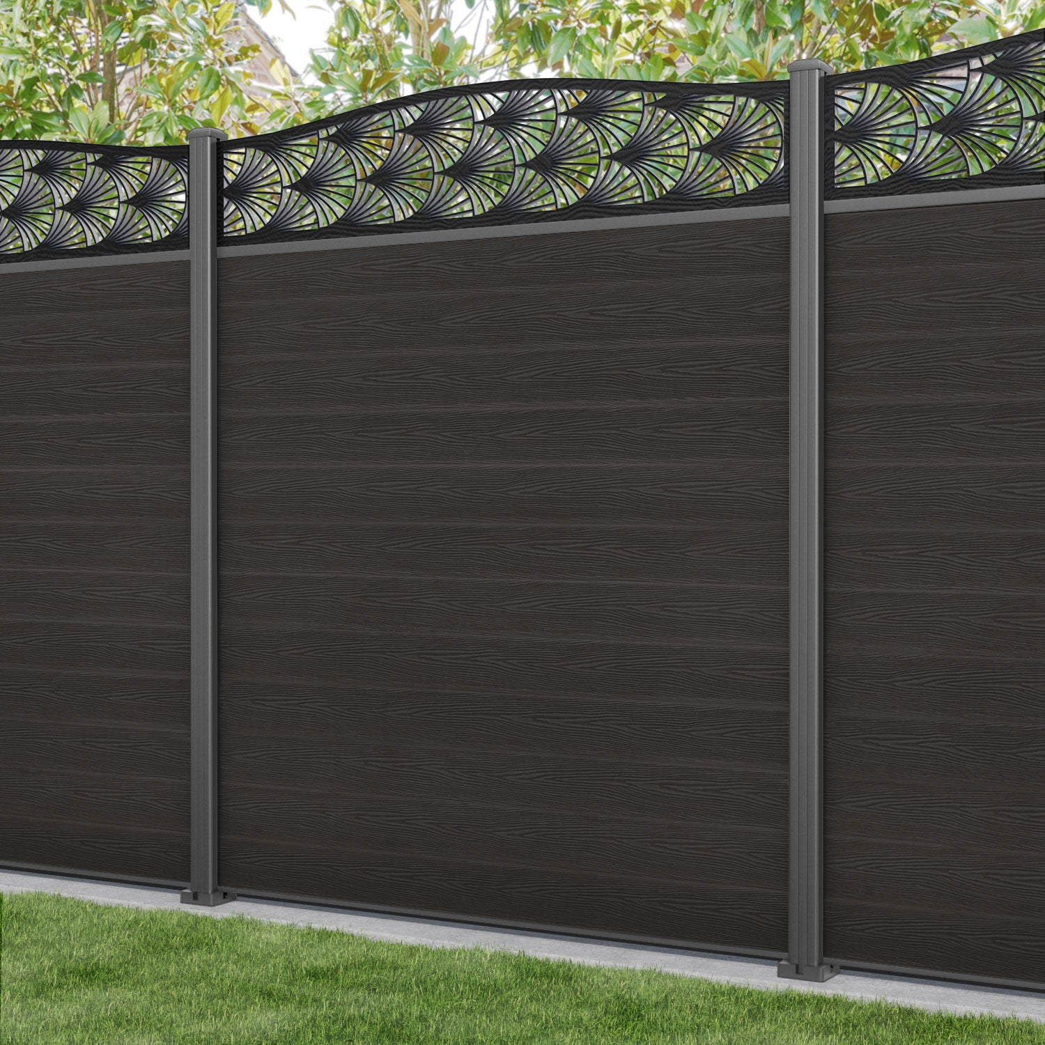 Classic Laurel Curved Top Fence Panel - Dark Oak - with our aluminium posts