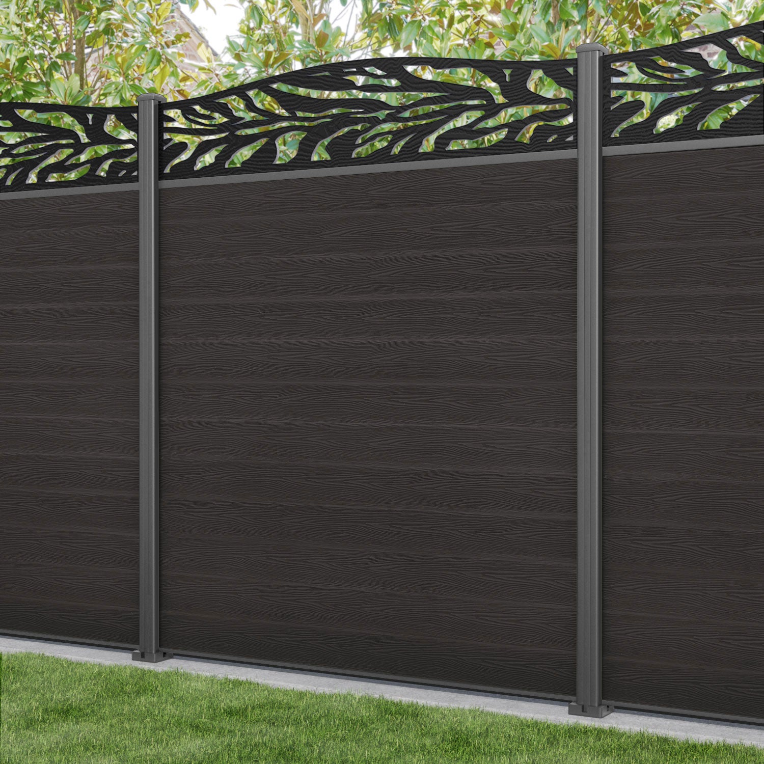 Classic Malawi Curved Top Fence Panel - Dark Oak - with our aluminium posts