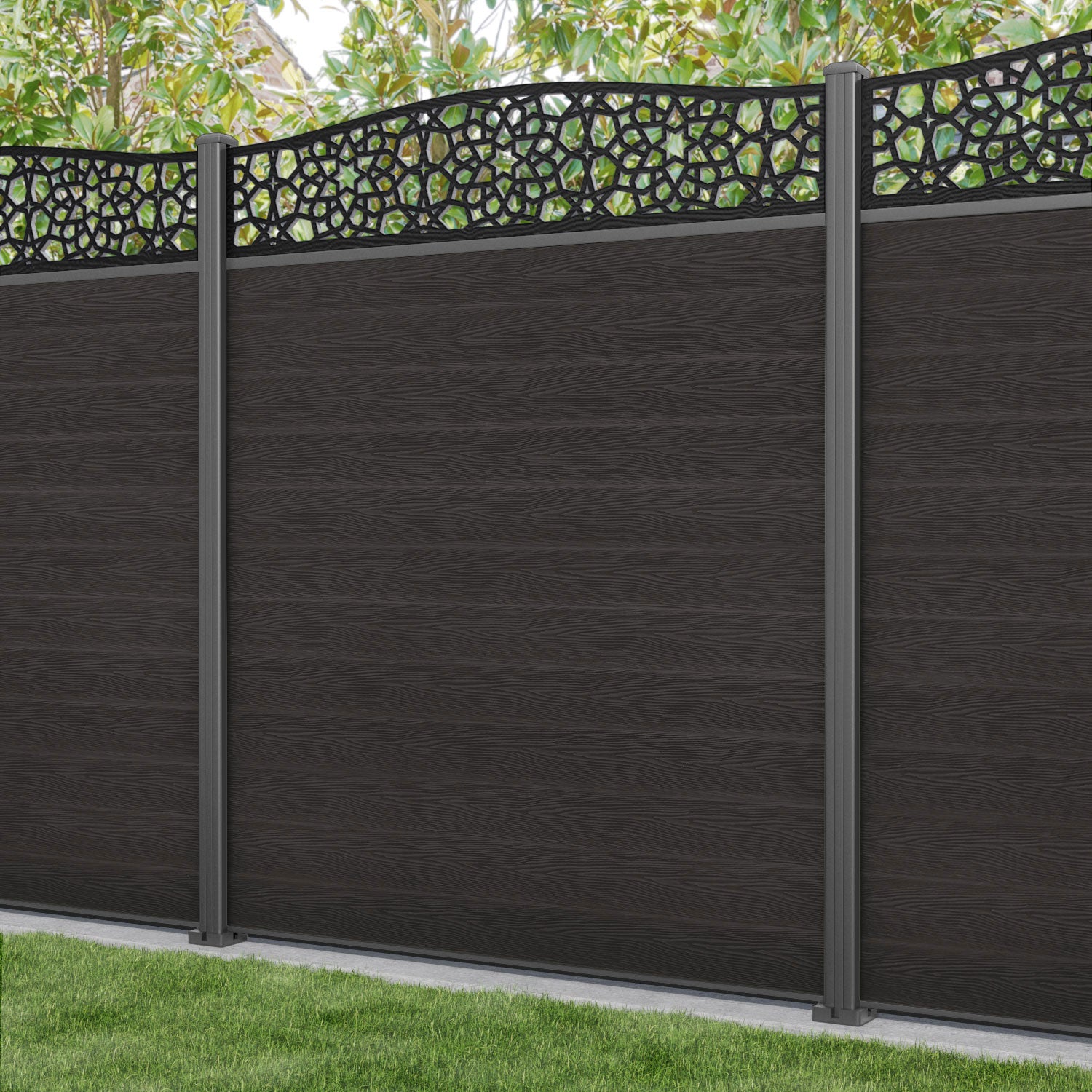 Classic Nazira Curved Top Fence Panel - Dark Oak - with our aluminium posts